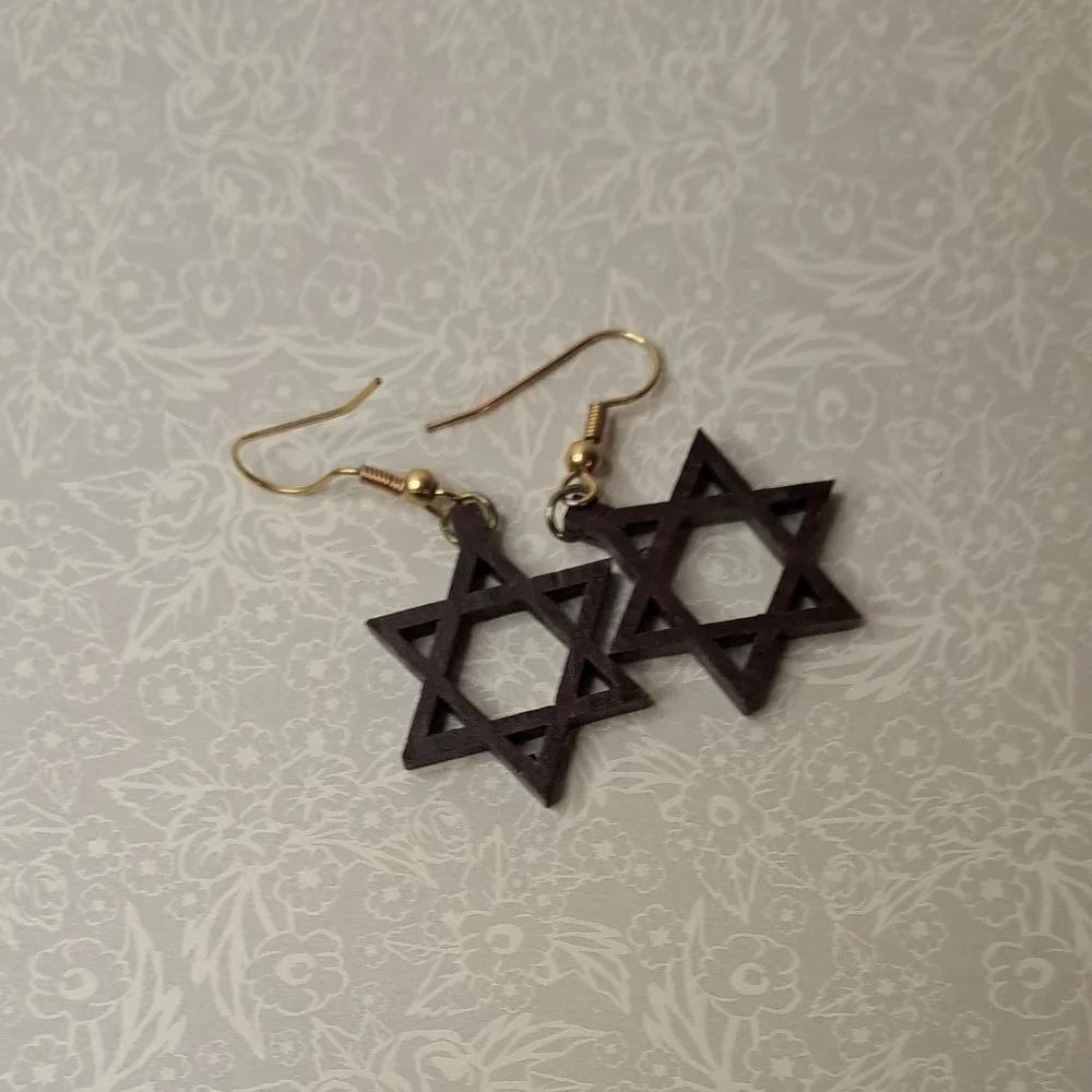 VINTAGE Wood Star of David Earrings - Picture 4 of 7